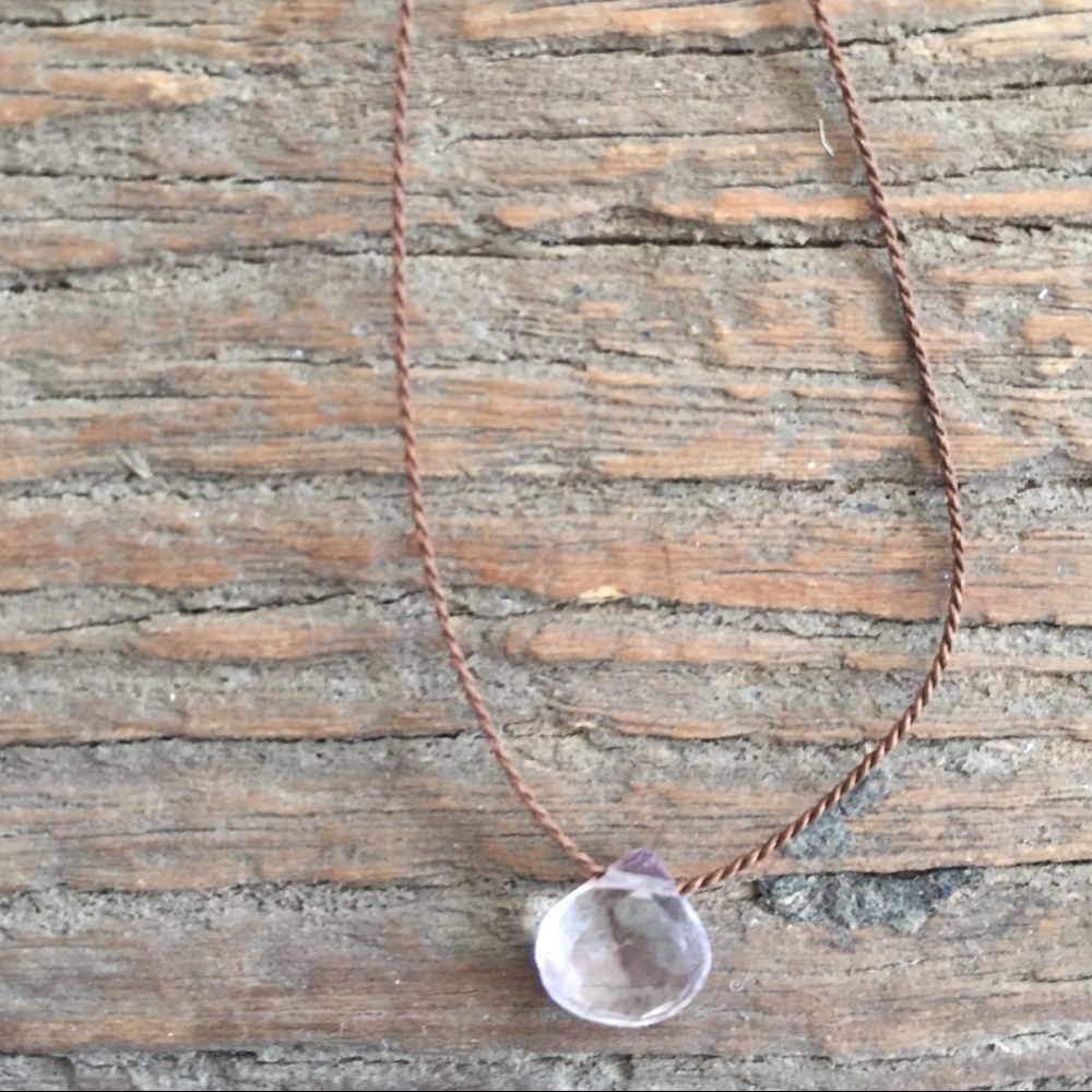 Pink Quartz Briolette Pear Shape 16” Brown Cord